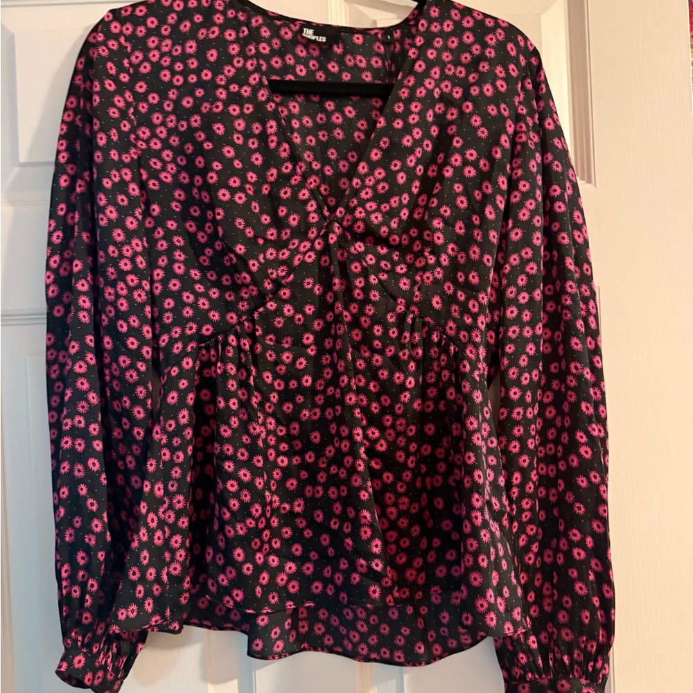 The Kooples Black Blouse with Pink Floral Pattern